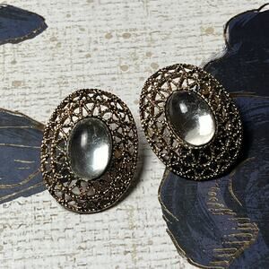 Vintage 80s Gunmetal Silver Stone Statement Earrings